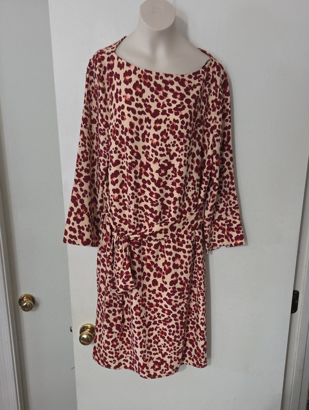 H&M Cream and Burgundy Leopard-Print Midi Dress with Tie Waist